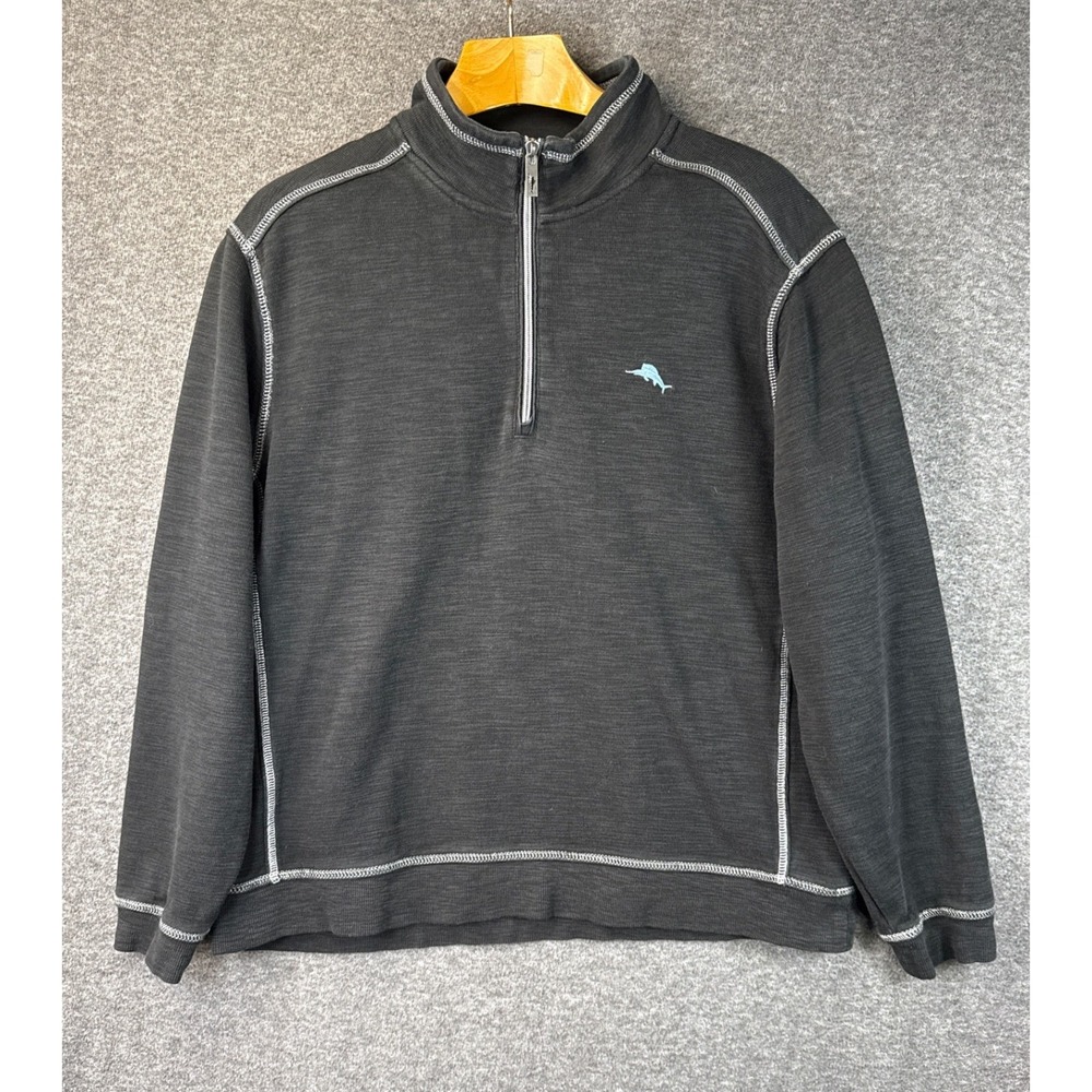 Tommy Bahama‎ Mens XL Quarter Zip Pullover Black Pima Cotton Tencel Beach Travel